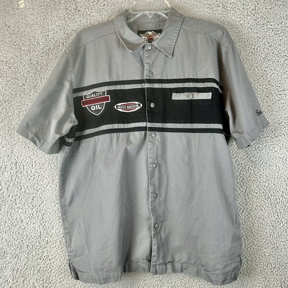 Harley Davidson Work Shirt Motorcycle Short Sleeve Gray Button Up Mens Size L - Picture 2 of 6